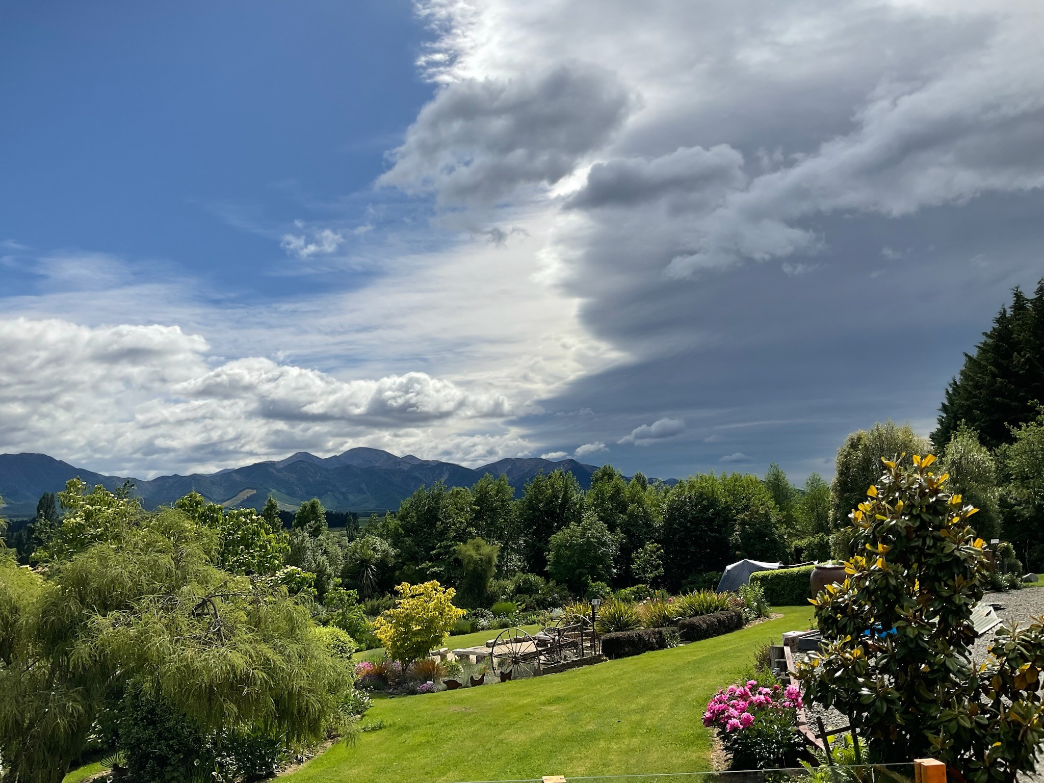 View across the gardens at Hanmer Glamping