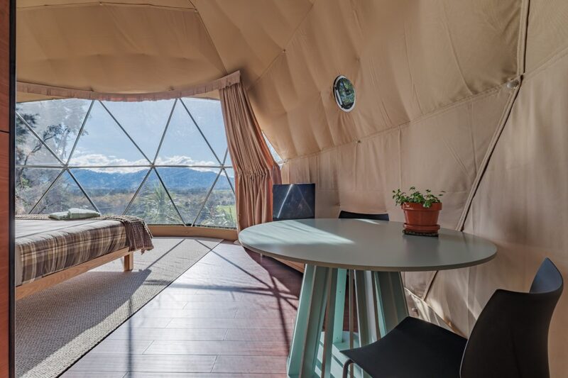 Balfour Geodome dining area with mountain view