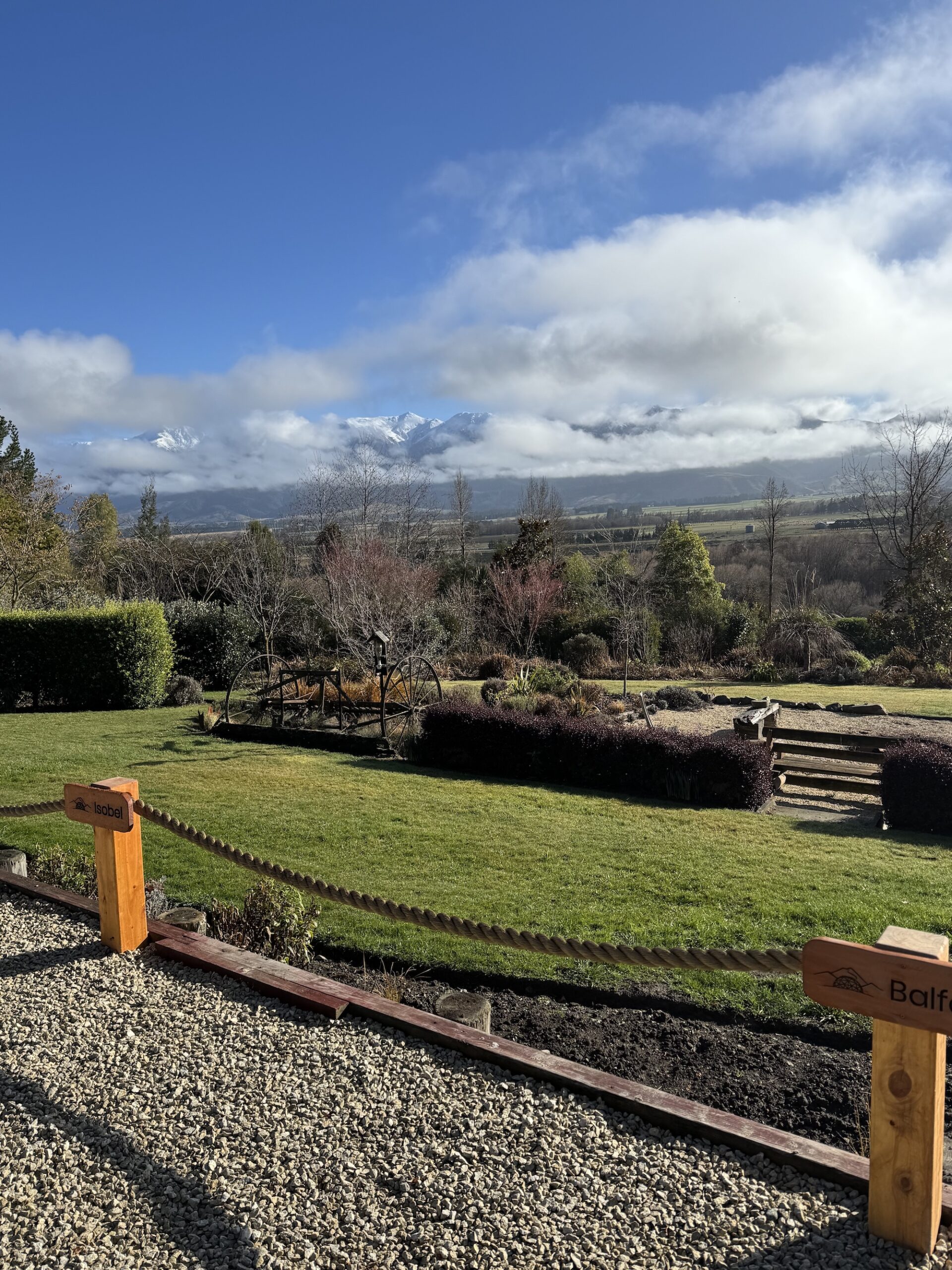 Winter view across the new parking area and gardens at Hanmer Glamping