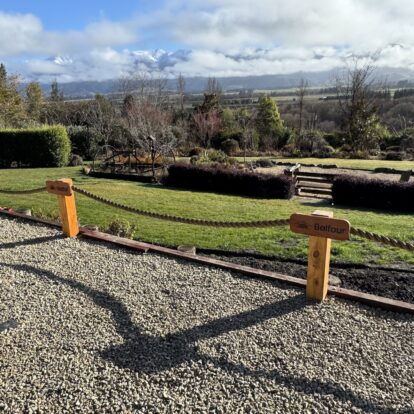 Winter view across the new parking area at Hanmer Glamping