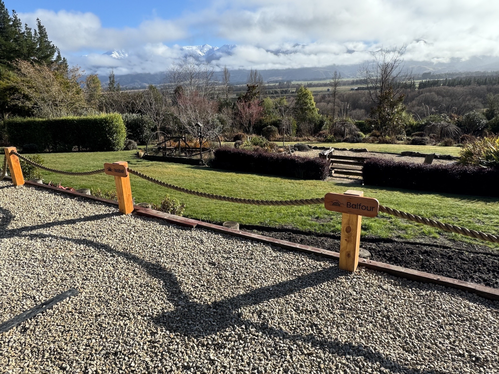 Winter view across the new parking area at Hanmer Glamping